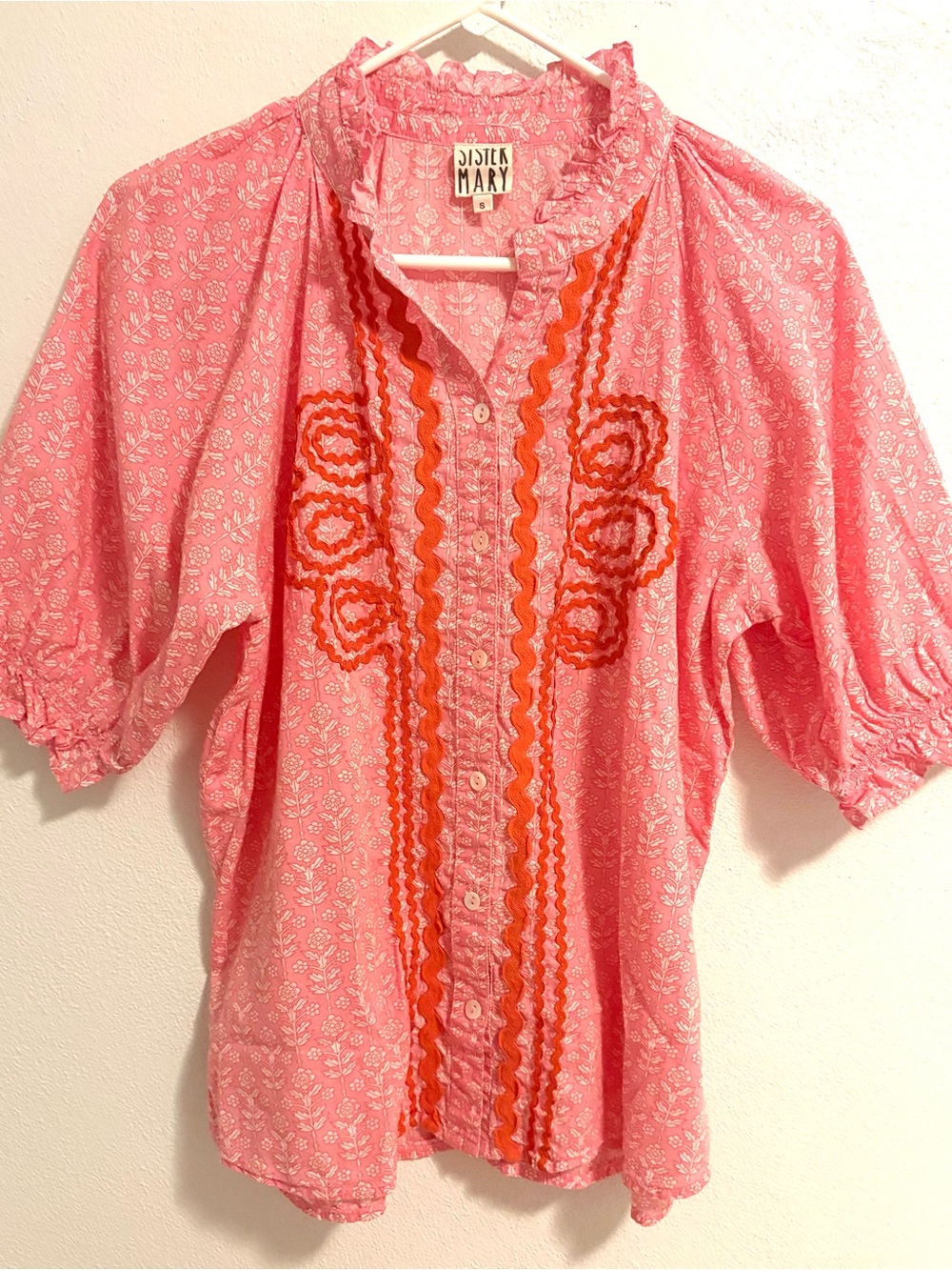 Sister Mary Pink Floral Rickrack Boho Puff Sleeve Blouse Small